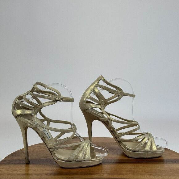 Women's Jimmy Choo Gold Metallic Leather Strappy High Heels 37.5‎ US 7.5 GUC